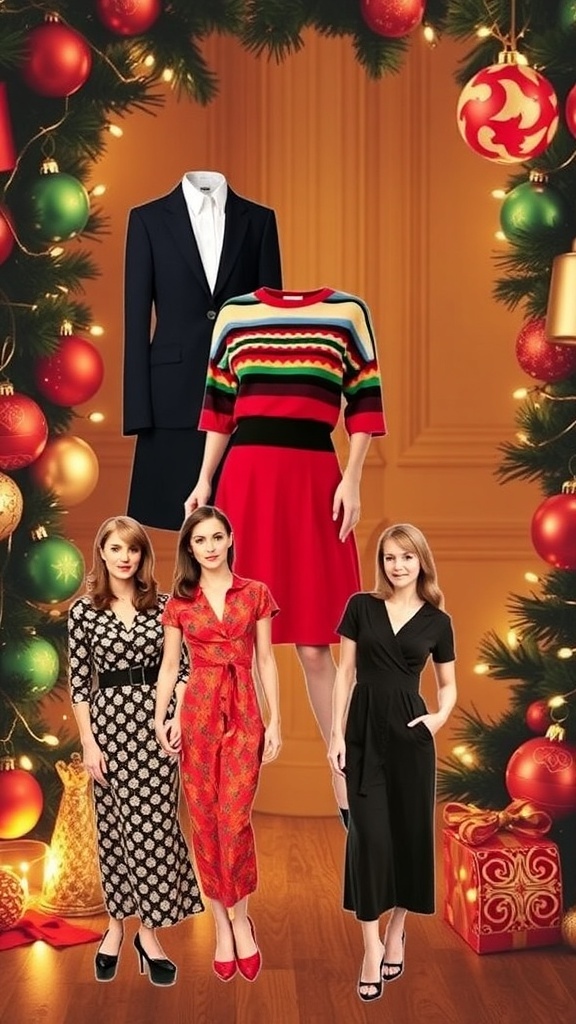 A collection of stylish 60s inspired Christmas party outfits displayed with vintage Christmas decorations.